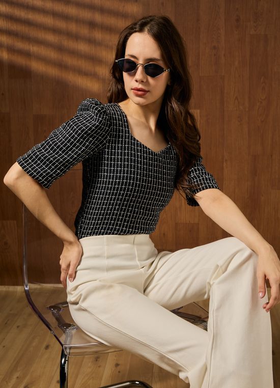 Globus Women Black Square Neck Puff Sleeves Gingham Checks Lace Insert Detail Workwear Top
