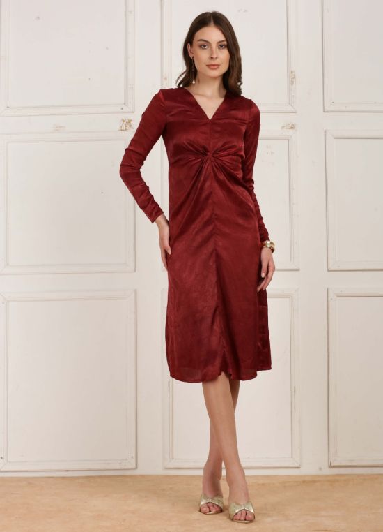 Globus Women Wine Collared Short Sleeves Solid Formal A-Line Midi Dress