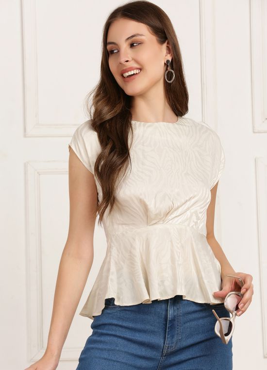 Globus Women White Round Neck Extended Sleeves Self Design Animal Print Party Wear Peplum Top