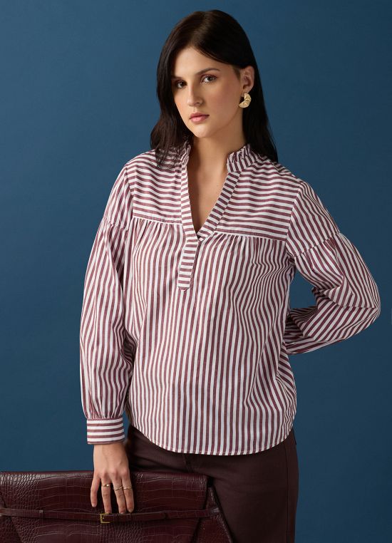 Globus Women Brown Frill Detail V-Neck Puff Sleeves Striped Loose Fit Workwear Top