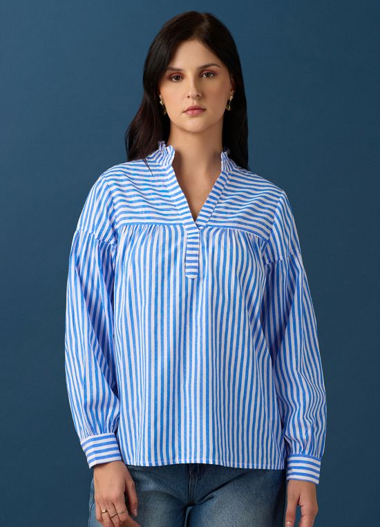 Globus Women Blue Frill Detail V-Neck Puff Sleeves Striped Loose Fit Workwear Top