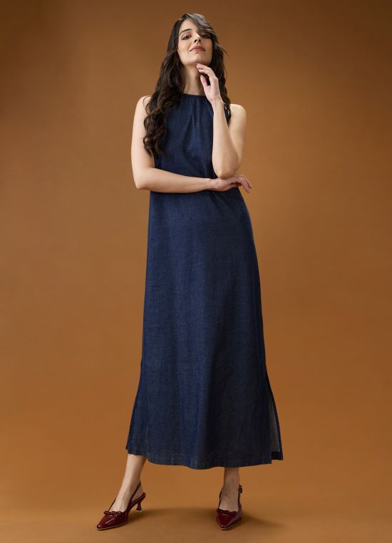 Globus Women Dark Blue Round Neck Sleeveless Solid A-Line Maxi Dress