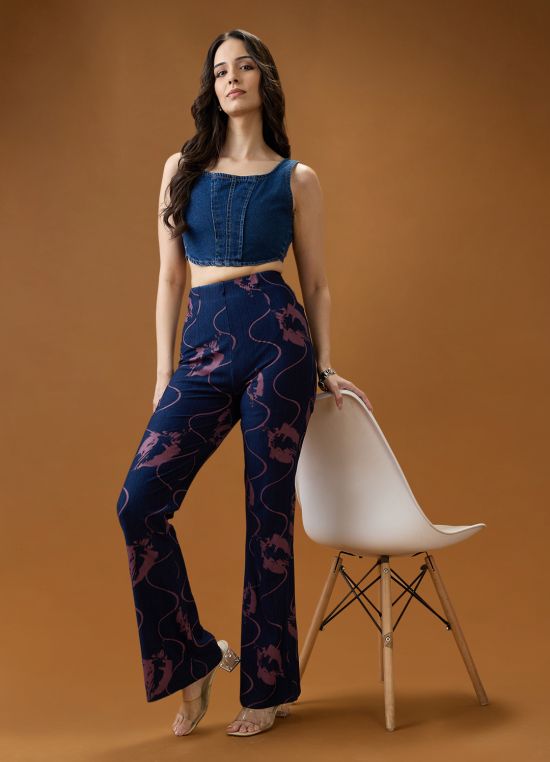 Globus Women Dark Blue Abstract Print Mid Rise Stretchable Bootcut Denim Trousers