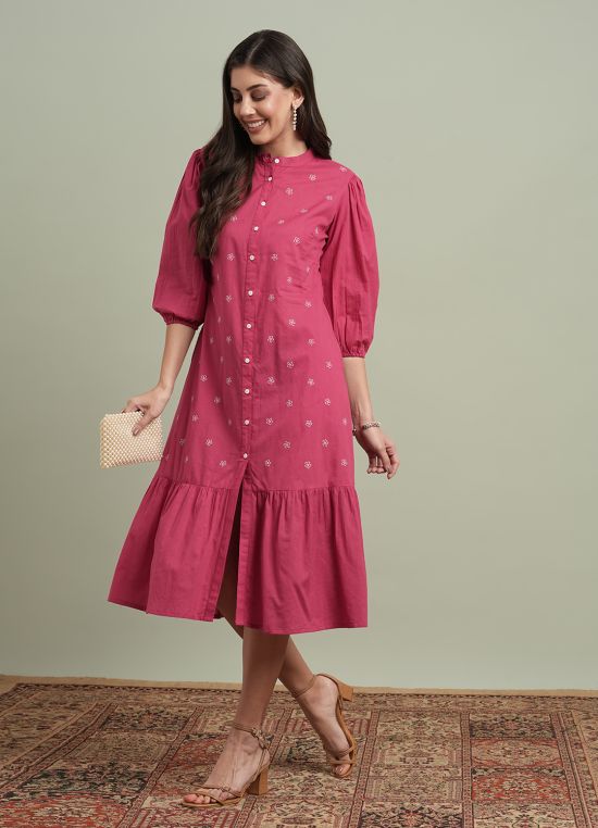Globus Women Pink Round Neck Puff Sleeves Floral Embroidered Tiered Flared Hem Midi A-Line Dress