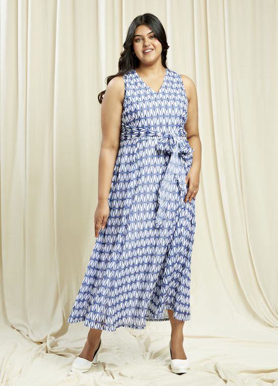 Globus Gloplus Women Blue V-Neck Abstract Print Waist Tie-Up Plus Size Fit & Flare Midi Dress