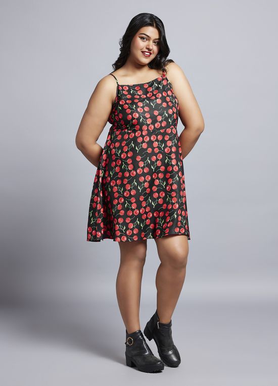 Globus Gloplus Women Red Cherry Print Square Neck Strappy Sleeves A-Line Mini Plus Size Dress