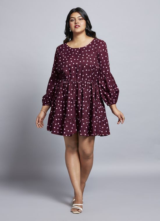 Globus Gloplus Women Maroon Round Neck Bishop Sleeves Fit & Flare Tiered Mini Plus Size Workwear Dress