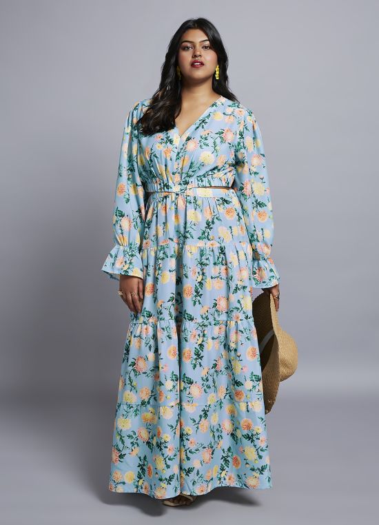 Globus Gloplus Women Blue Floral Print V-Neck Bishop Sleeves Cut-Out Detail Tiered Fit & Flare Plus Size Maxi Dress