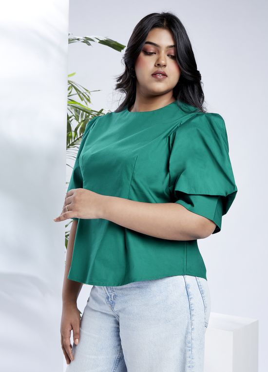 Globus Gloplus Women Green Puff Sleeves Round Neck Back Button Plus Size Shirt Style Workwear Top
