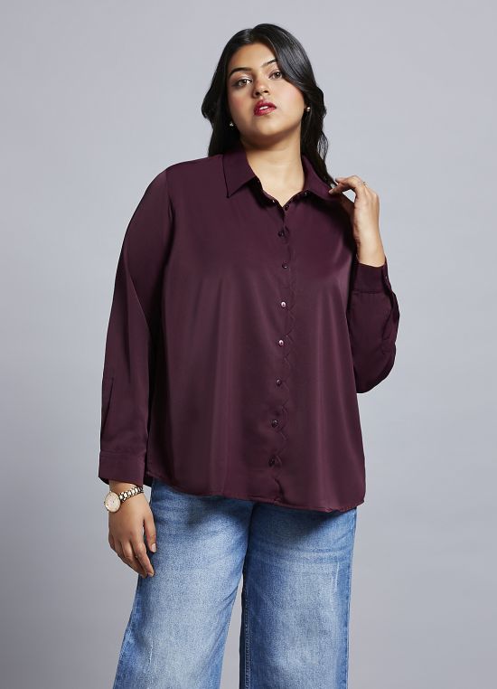 Globus Gloplus Women Wine Collared Neck Cuff Sleeves Shirt Style Plus Size Workwear Top