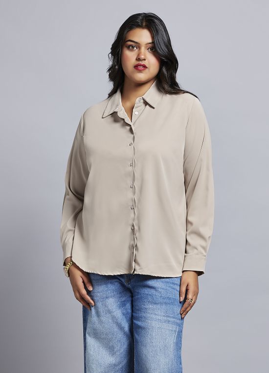 Globus Gloplus Women Beige Collared Neck Cuff Sleeves Shirt Style Plus Size Workwear Top