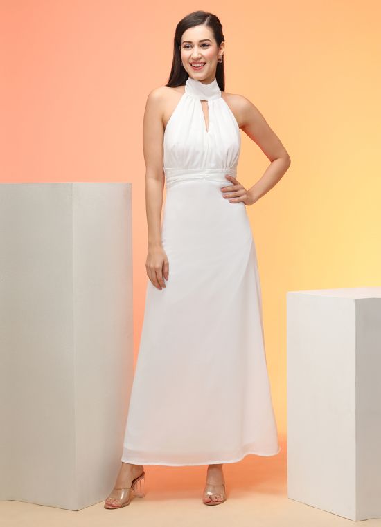 Globus Women White Tie-Up Halter Neck Keyhole Detail Fit & Flare Maxi Party Dress