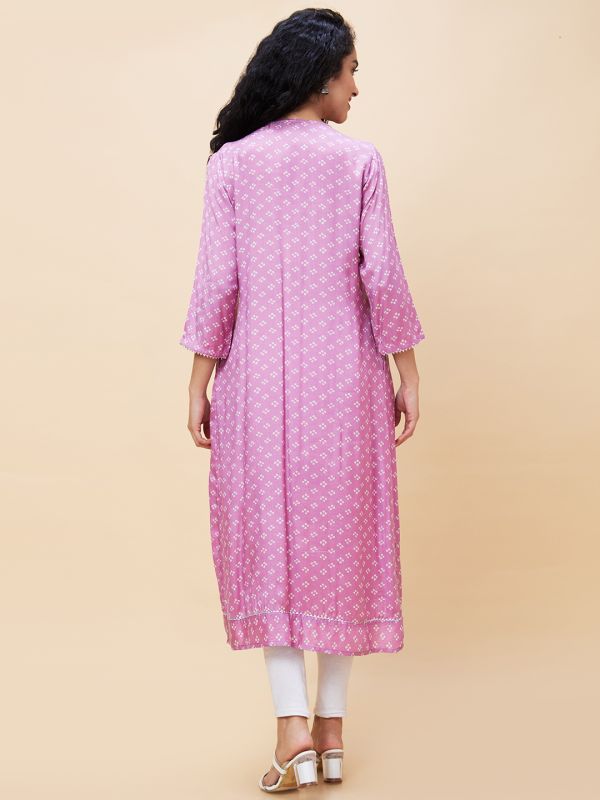 Globus Women Mauve Printed Round Neck 3/4 Sleeves A-Line Kurta