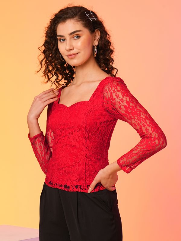 Globus Women Red Sweetheart Neck Smocked Floral Lace Top