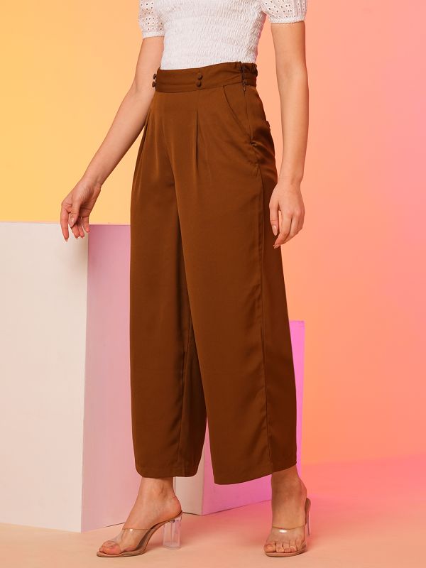 Globus Women Tan High-Rise Pleated Back Frilled Waist Wide Leg Trousers