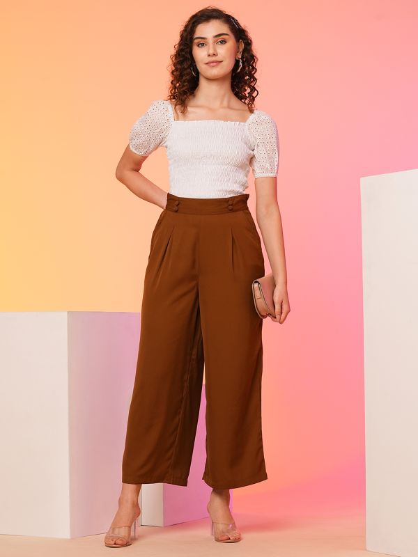 Globus Women Tan High-Rise Pleated Back Frilled Waist Wide Leg Trousers