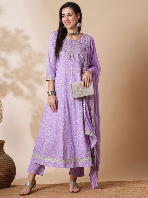 Globus Women Lilac Embroidered Yoke Floral Anarkali Festive Kurta & Trouser set