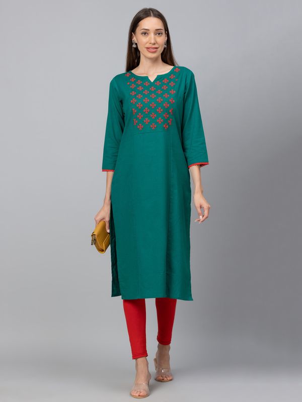 Globus Dark Green Embroidered Kurta