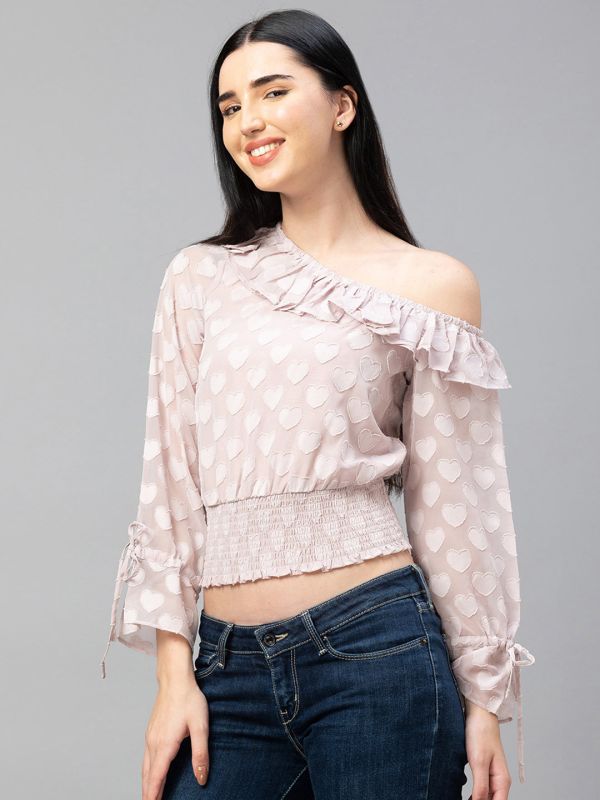 Globus Pink Self Design Crop Top