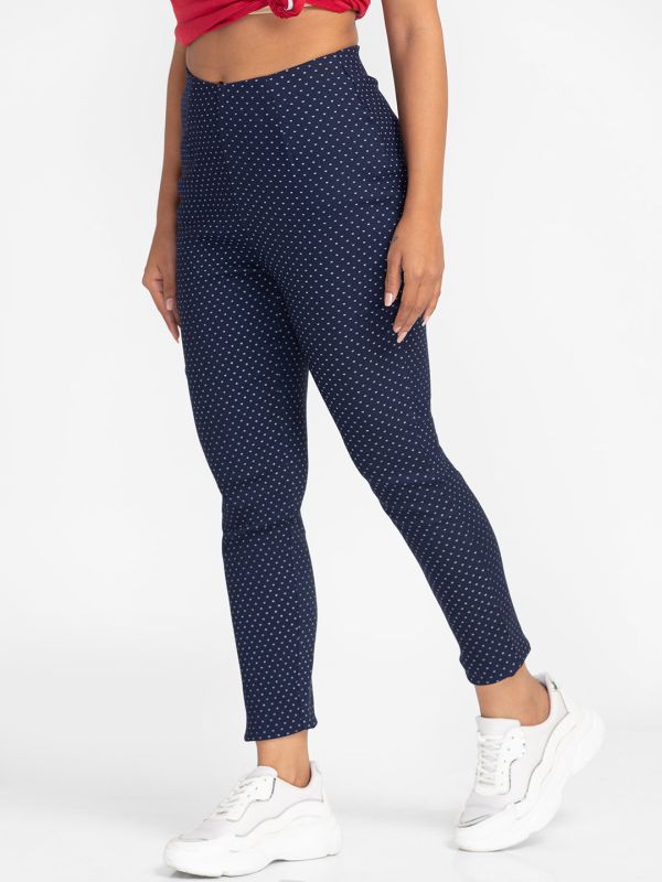 Globus Navy Printed Skinny Fit Cropped Peg Trousers