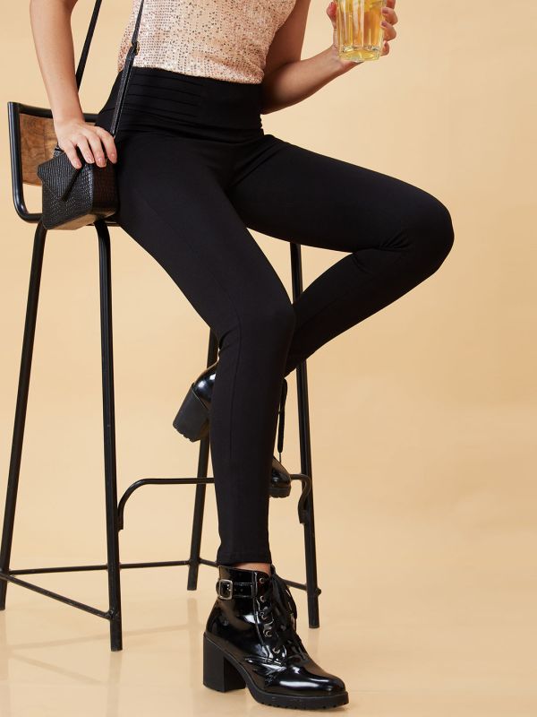 Globus Women Black Stretchable High Waist Skinny Fit Workwear Treggings