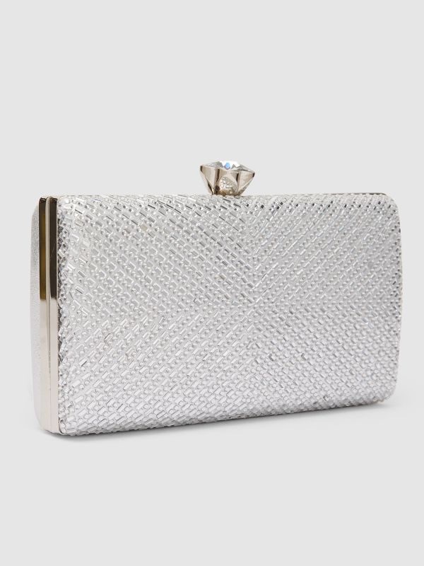 Globus Women Silver Embellished Party Box Clutch