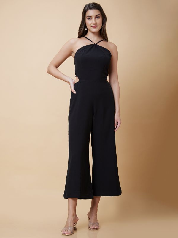 Globus Women Black Solid Halter Neck Jumpsuit