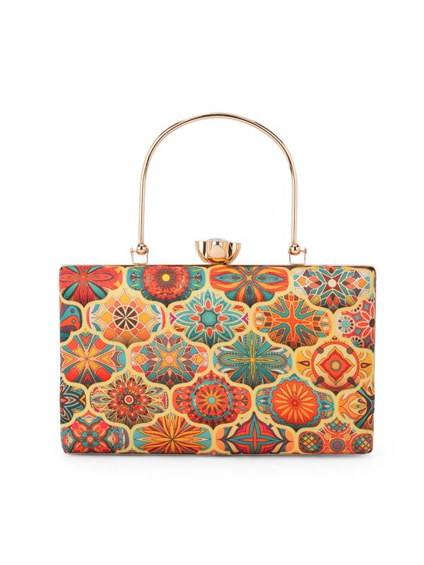 Globus Women Multi Yellow Floral Ethnic Motifs Printed Party Clutch With Detachable Chain Strap