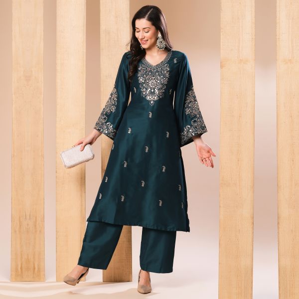 Globus Women Teal Allover Embroidered A-Line Kurta With Pants