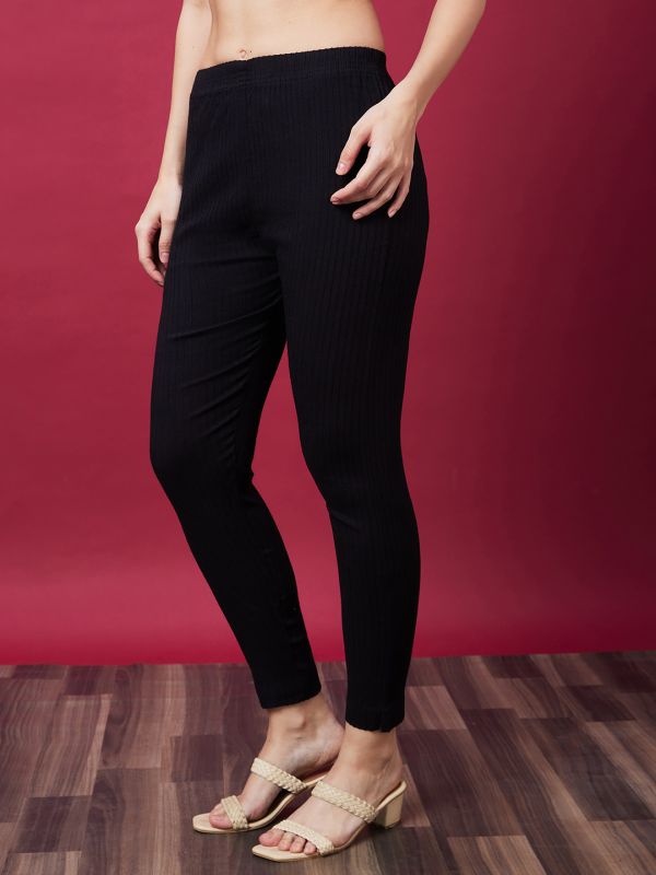 Globus Women Black Self Design Mid-Rise Elasticated Waist Cigarette Trousers