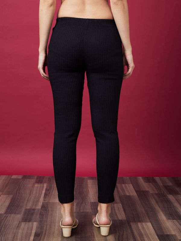 Globus Women Black Self Design Mid-Rise Elasticated Waist Cigarette Trousers