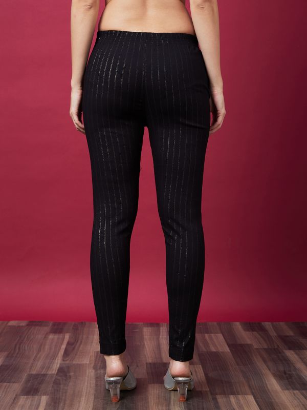 Globus Women Black Striped Mid-Rise Ethnic Cigarette Trouser