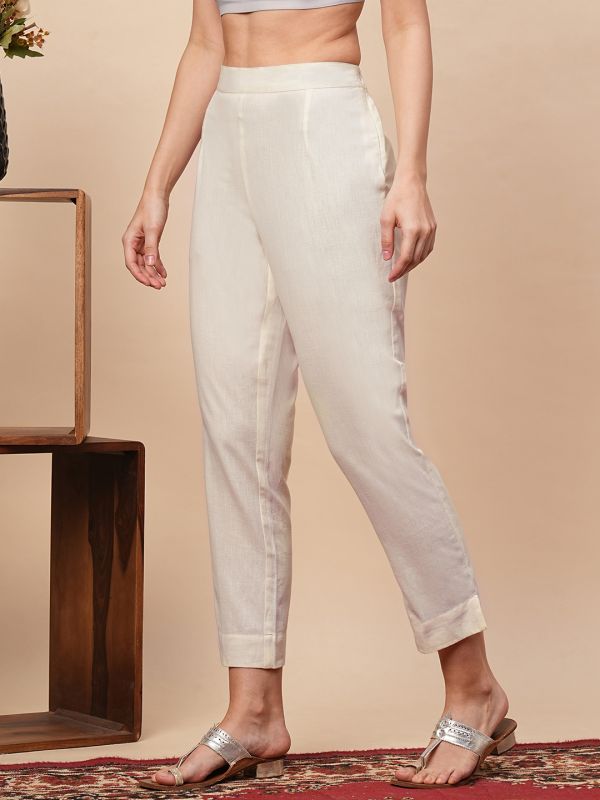 Globus Women Off-White Mid-Rise Flat Front Partially Elasticated Trousers