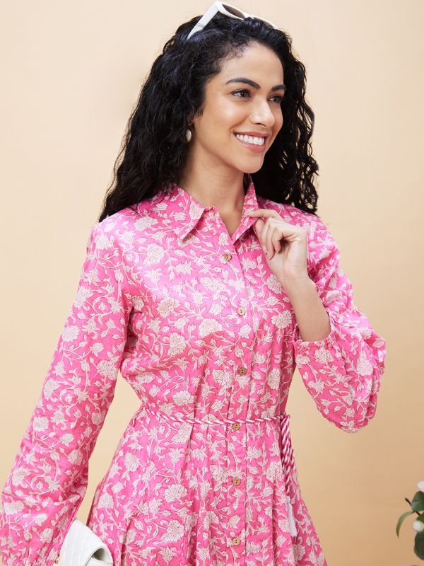 Globus Women Pink Floral Print Shirt Collar Casual Godet A-Line Belted Dress