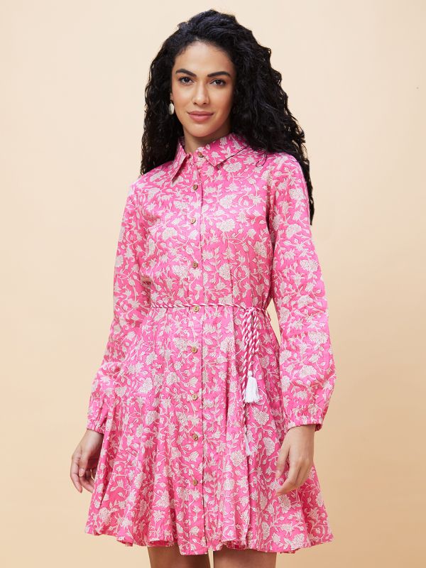 Globus Women Pink Floral Print Shirt Collar Casual Godet A-Line Belted Dress