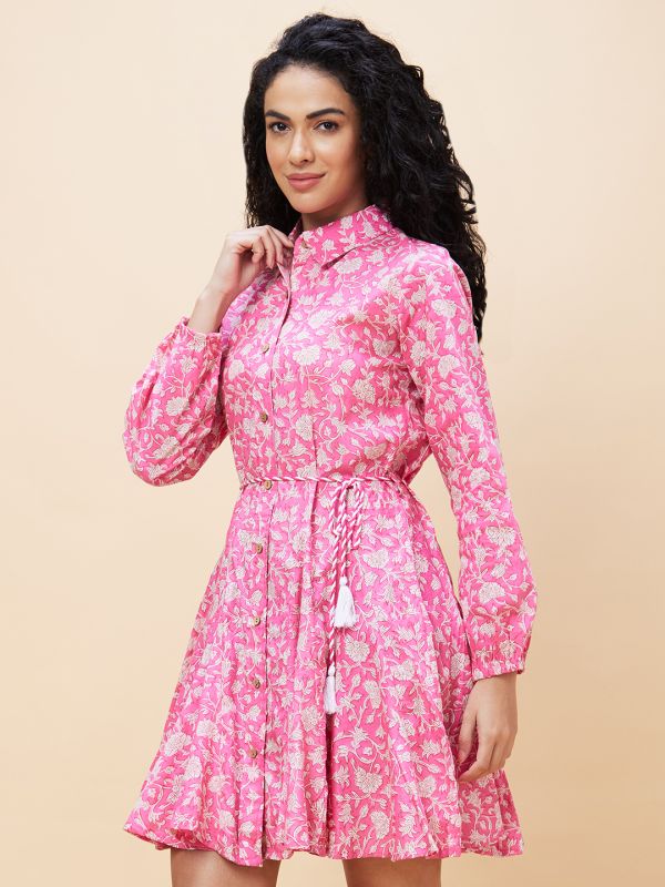 Globus Women Pink Floral Print Shirt Collar Casual Godet A-Line Belted Dress