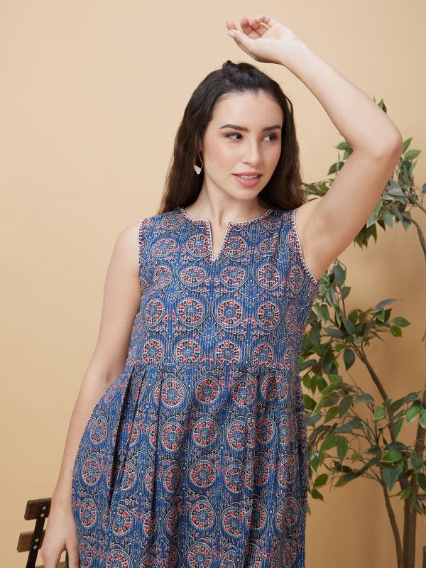 Globus Women Blue Ethnic Motifs Print Kantha Stitch Detailing Sleeveless Casual A-Line Dress