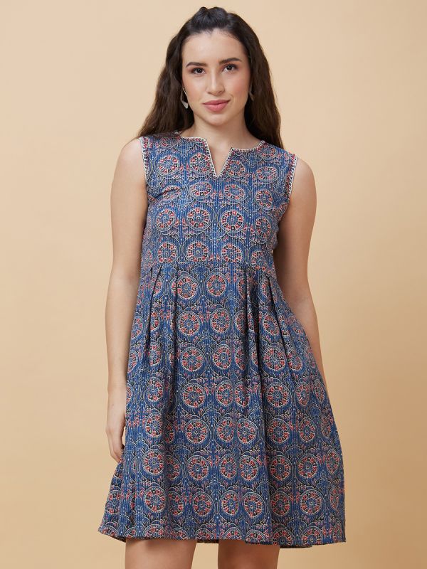 Globus Women Blue Ethnic Motifs Print Kantha Stitch Detailing Sleeveless Casual A-Line Dress