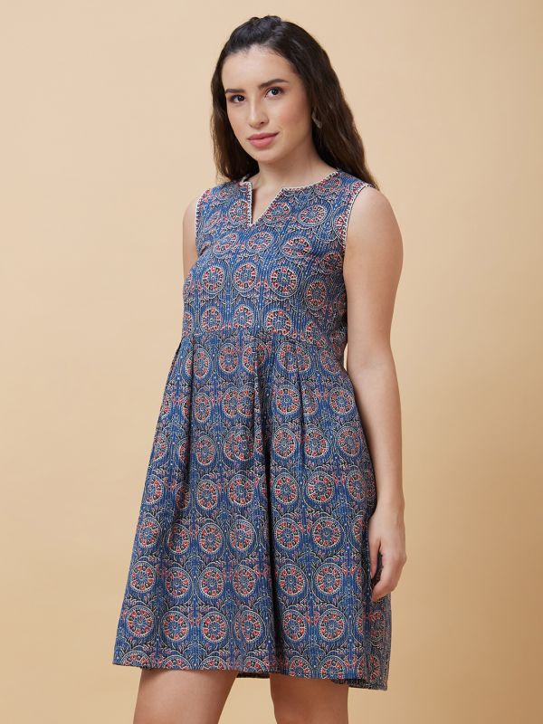 Globus Women Blue Ethnic Motifs Print Kantha Stitch Detailing Sleeveless Casual A-Line Dress