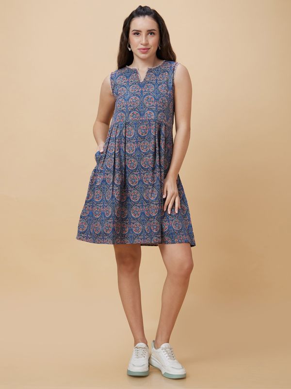 Globus Women Blue Ethnic Motifs Print Kantha Stitch Detailing Sleeveless Casual A-Line Dress