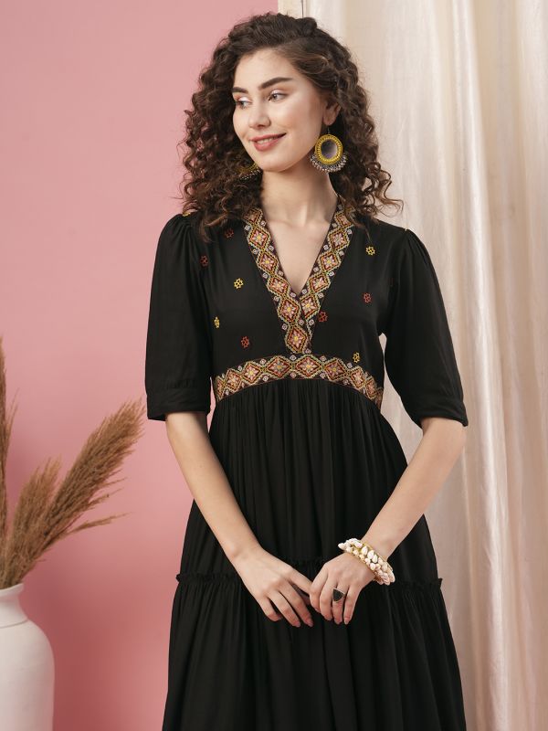 Globus Women Black V-Neck Embroidered Yoke Tiered Flared A-Line Dress