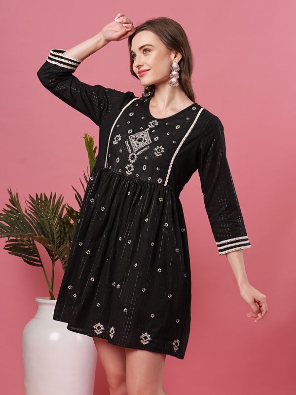 Globus Women Black Embroidered Yoke Ethnic Motifs A-Line Above Knee Dress