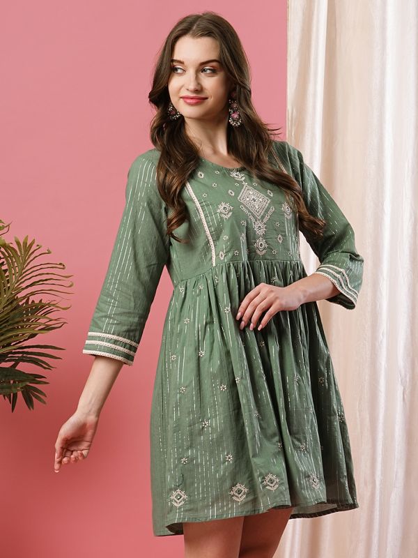 Globus Women Green Embroidered Yoke Ethnic Motifs A-Line Above Knee Dress