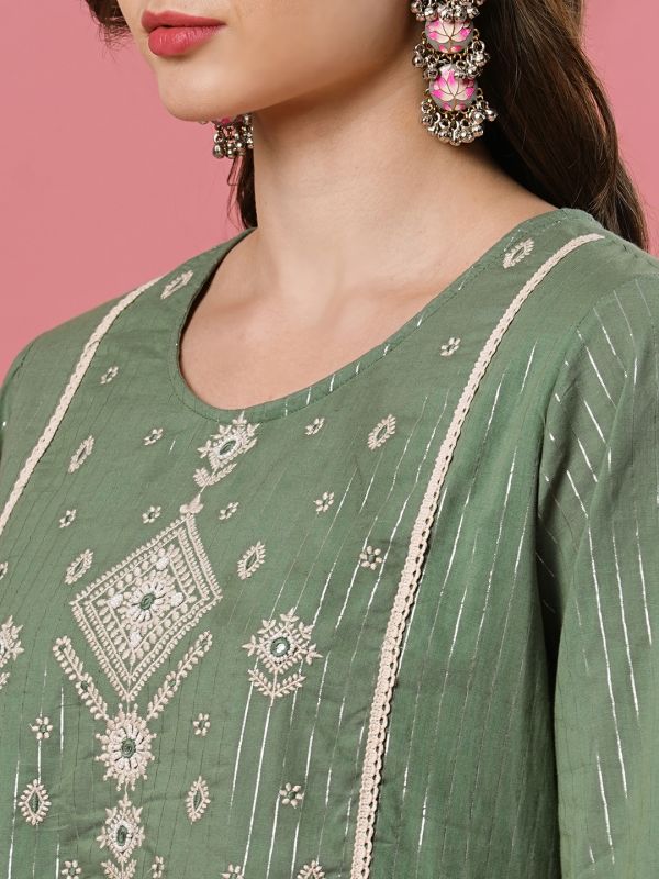 Globus Women Green Embroidered Yoke Ethnic Motifs A-Line Above Knee Dress