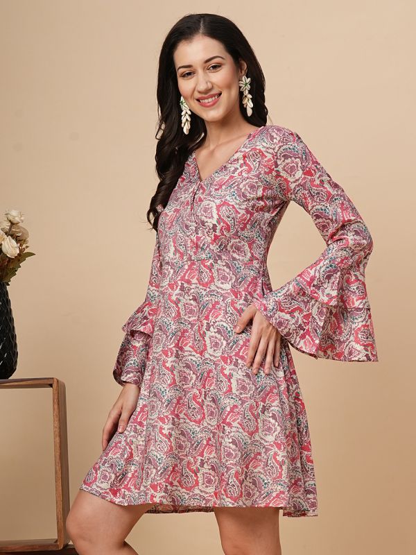 Globus Women Pink Overlapped-V Neck Allover Printed Paisley Floral A-Line Dress