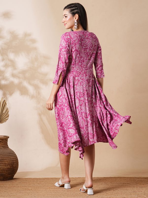 Globus Women Pink Allover Floral Printed Wrap Neck Asymmetric Hem A-Line Fusion Midi Dress