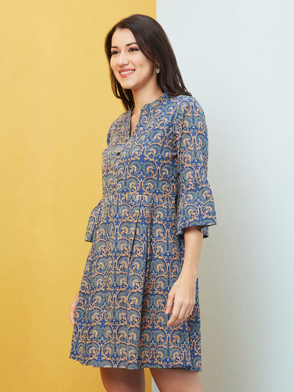 Globus Women Blue Floral Print Mandarin Collar A-Line Dress