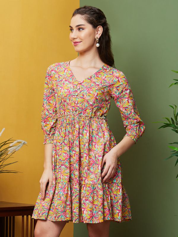 Globus Women Multicolour Allover Floral Printed V-Neck Smocked Flared Hem A-Line Dress