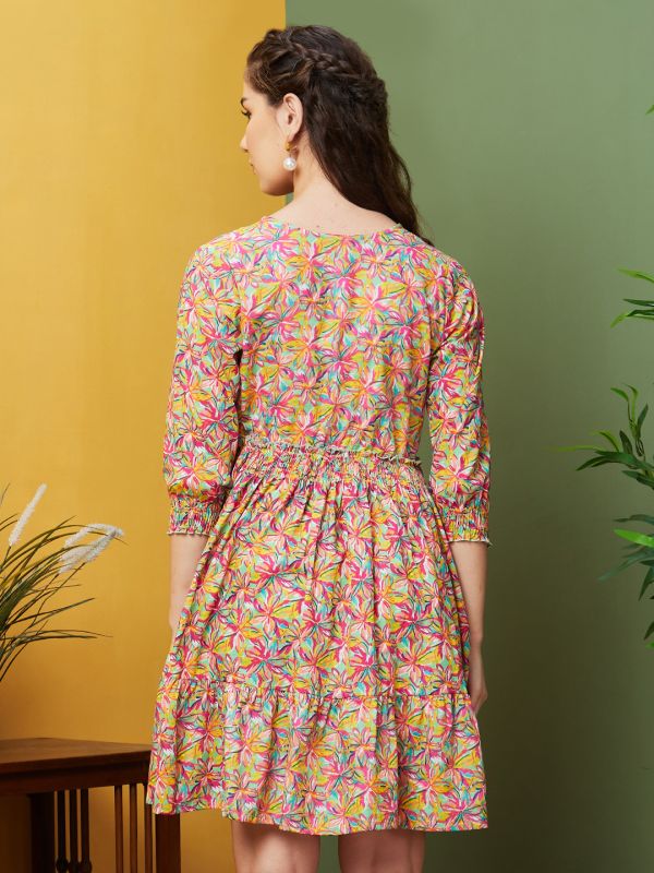 Globus Women Multicolour Allover Floral Printed V-Neck Smocked Flared Hem A-Line Dress