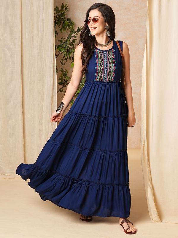 Globus Women Navy Embroidered Yoke Gathered Tiered Fit & Flare Maxi Dress